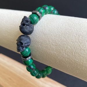 Malachite Skull Bracelet with Micro Pave CZ Hex Beads
